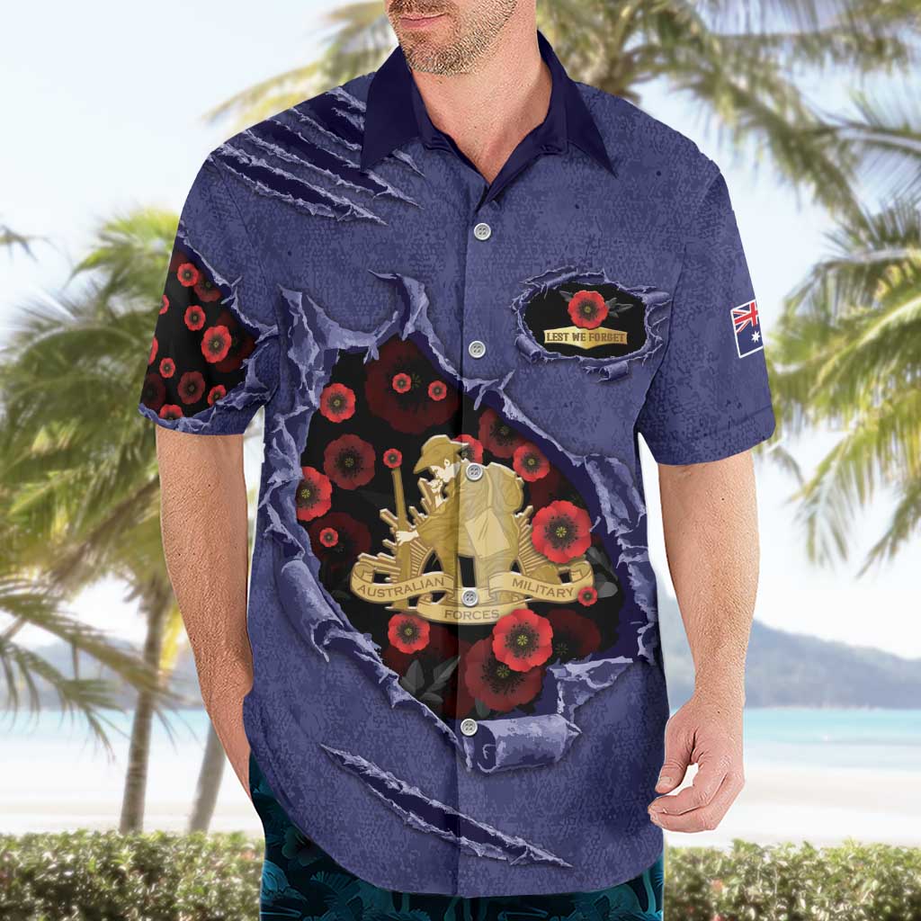 Personalised ANZAC Day Hawaiian Shirt Poppy Flowers Ripped Fabric Effect