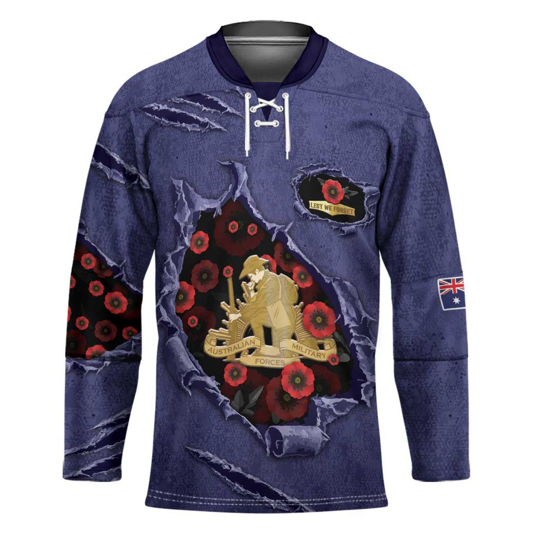 Personalised ANZAC Day Hockey Jersey Poppy Flowers Ripped Fabric Effect