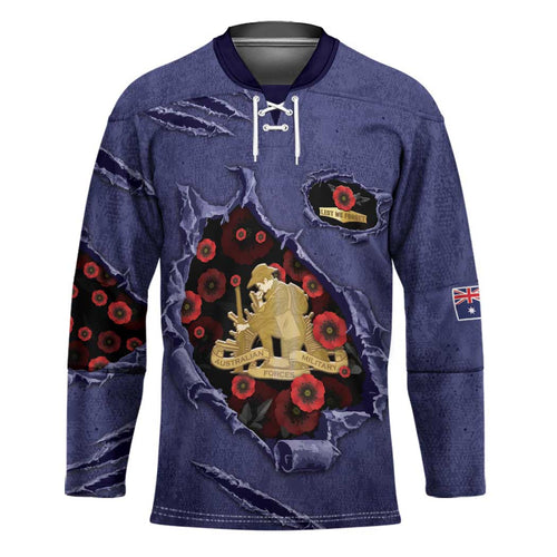 Personalised ANZAC Day Hockey Jersey Poppy Flowers Ripped Fabric Effect