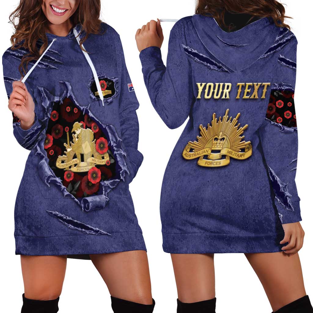 Personalised ANZAC Day Hoodie Dress Poppy Flowers Ripped Fabric Effect
