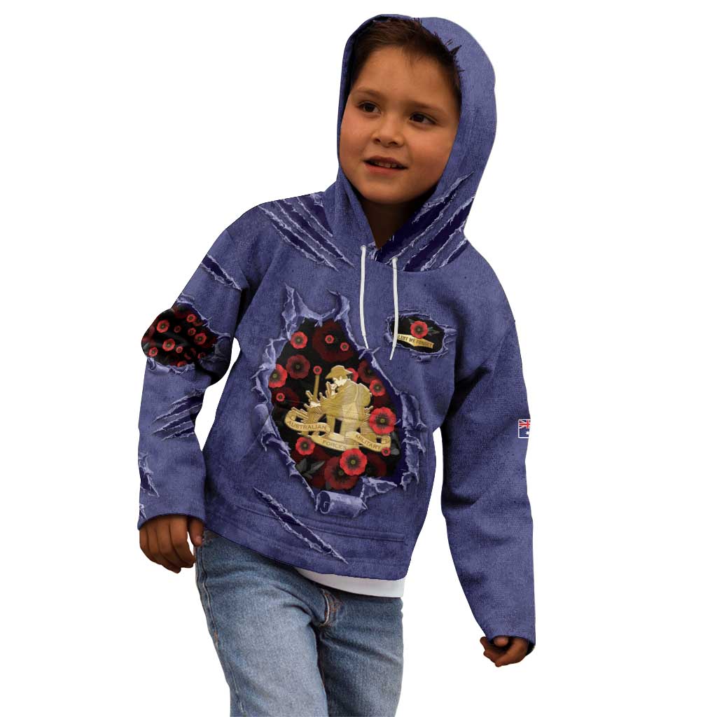 Personalised ANZAC Day Kid Hoodie Poppy Flowers Ripped Fabric Effect