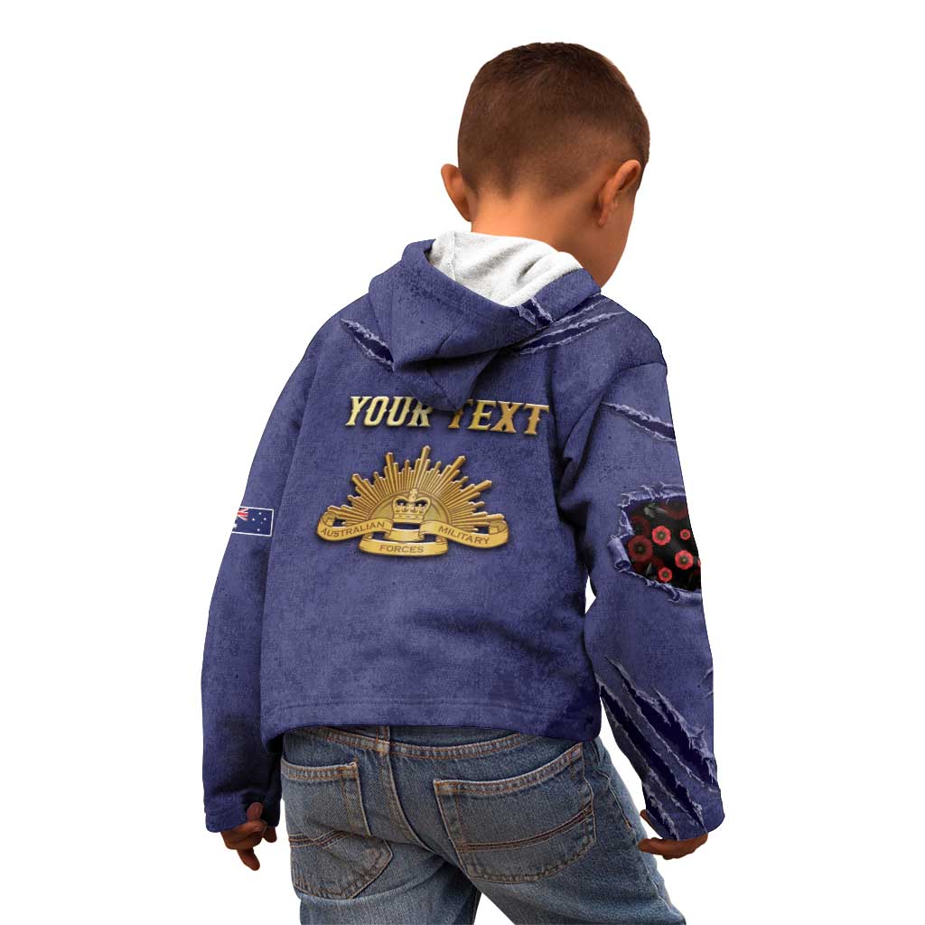 Personalised ANZAC Day Kid Hoodie Poppy Flowers Ripped Fabric Effect