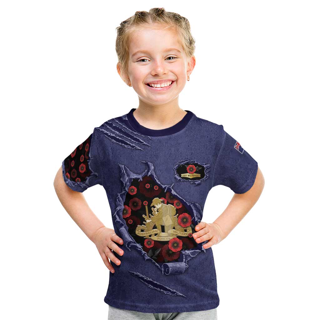 Personalised ANZAC Day Kid T Shirt Poppy Flowers Ripped Fabric Effect