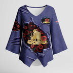 Personalised ANZAC Day Kimono Sleeve Blouse Poppy Flowers Ripped Fabric Effect