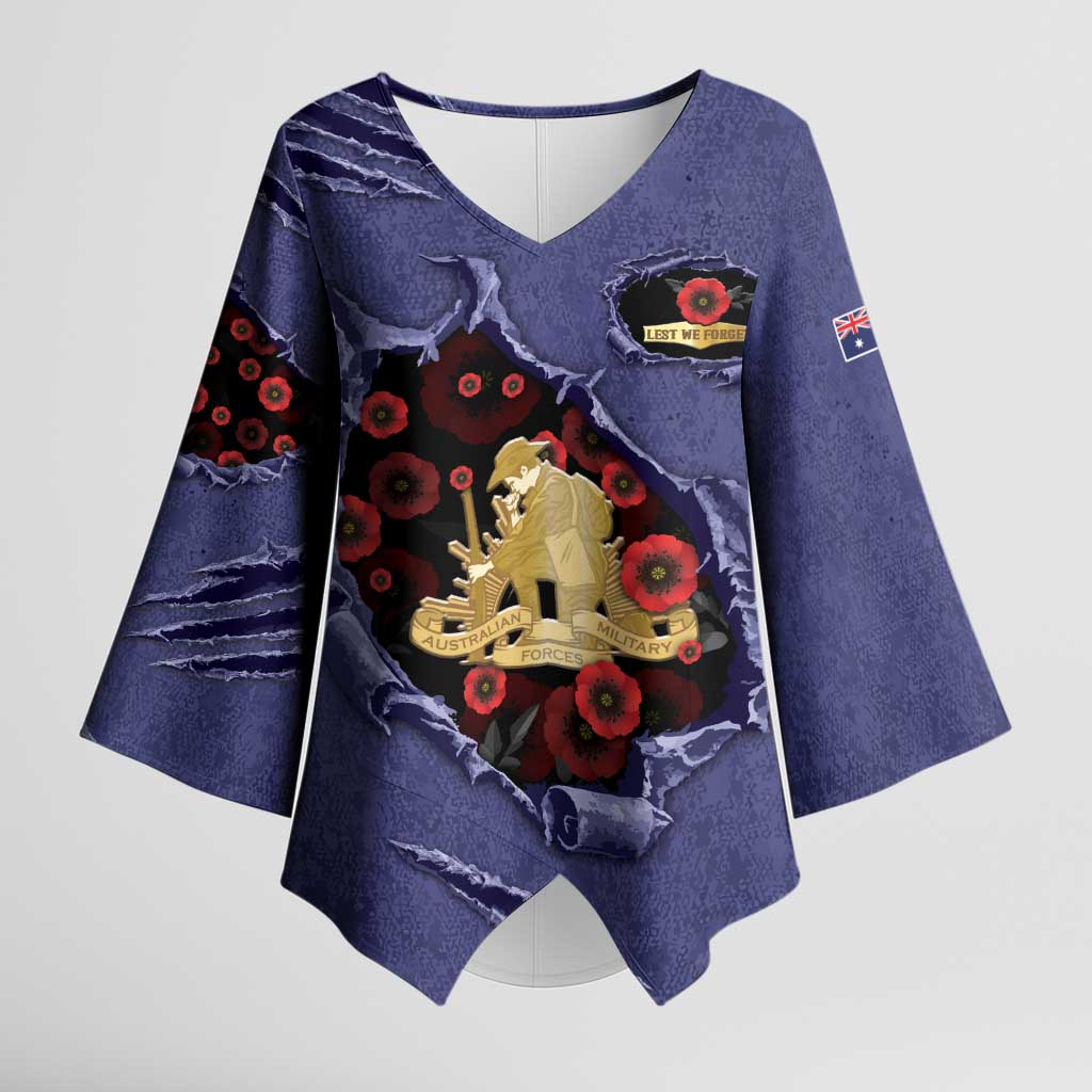 Personalised ANZAC Day Kimono Sleeve Blouse Poppy Flowers Ripped Fabric Effect
