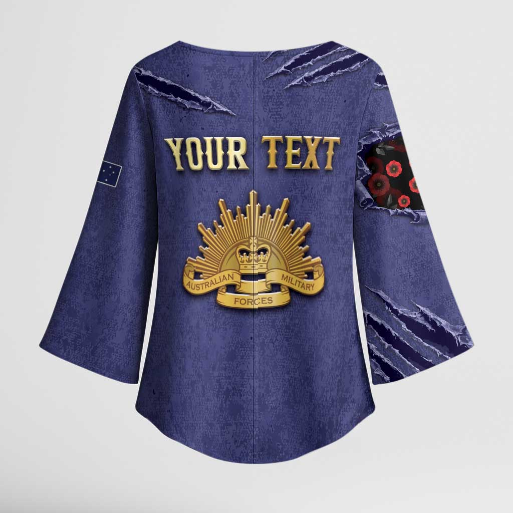 Personalised ANZAC Day Kimono Sleeve Blouse Poppy Flowers Ripped Fabric Effect