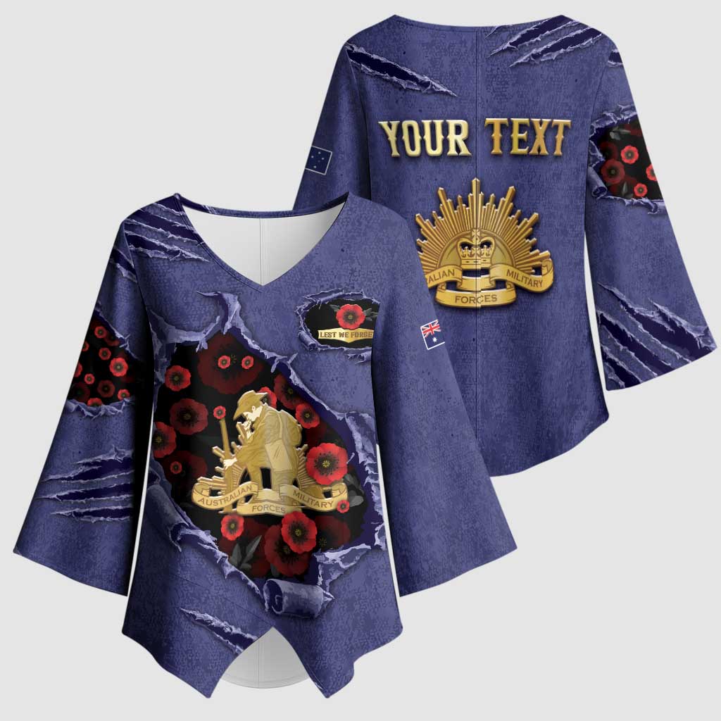 Personalised ANZAC Day Kimono Sleeve Blouse Poppy Flowers Ripped Fabric Effect