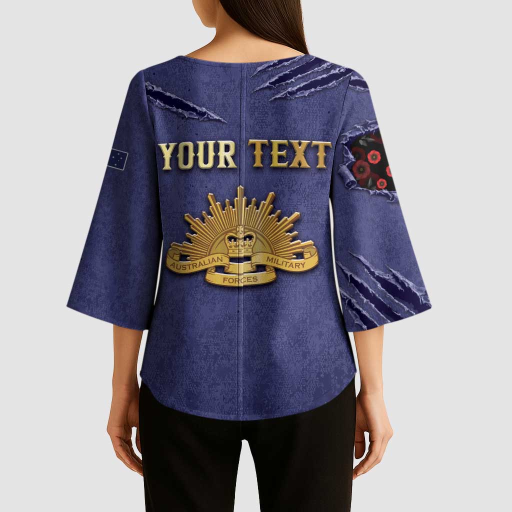 Personalised ANZAC Day Kimono Sleeve Blouse Poppy Flowers Ripped Fabric Effect