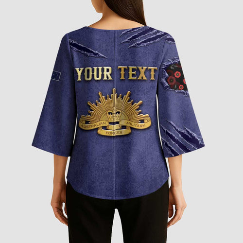 Personalised ANZAC Day Kimono Sleeve Blouse Poppy Flowers Ripped Fabric Effect