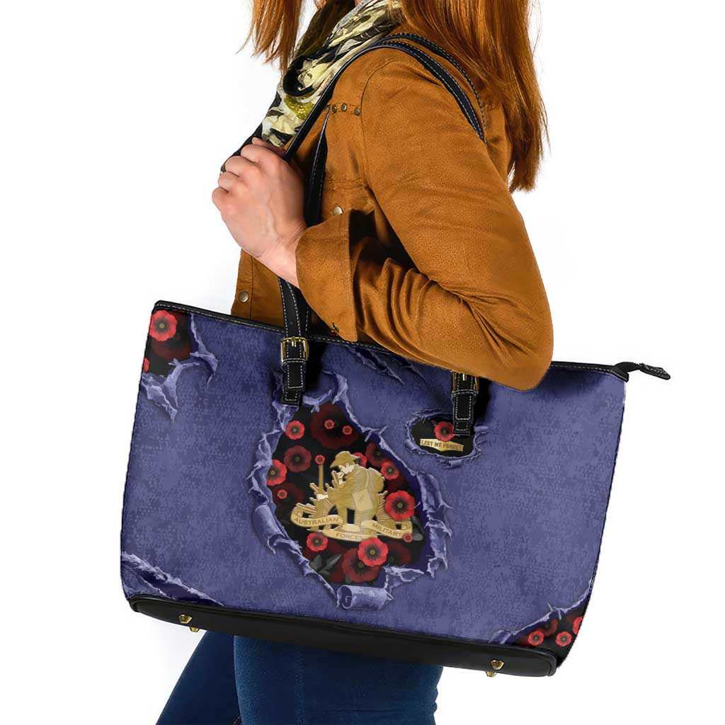 ANZAC Day Leather Tote Bag Poppy Flowers Ripped Fabric Effect