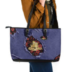 ANZAC Day Leather Tote Bag Poppy Flowers Ripped Fabric Effect