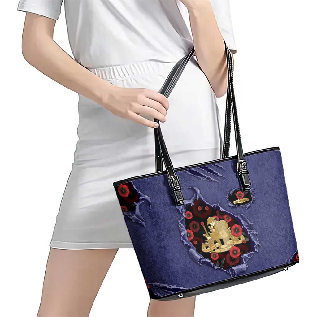 ANZAC Day Leather Tote Bag Poppy Flowers Ripped Fabric Effect