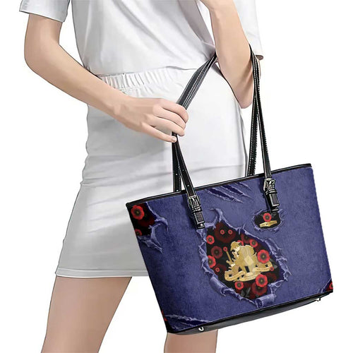 ANZAC Day Leather Tote Bag Poppy Flowers Ripped Fabric Effect