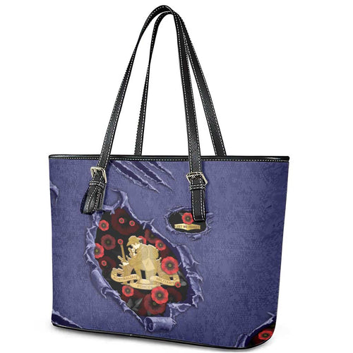 ANZAC Day Leather Tote Bag Poppy Flowers Ripped Fabric Effect