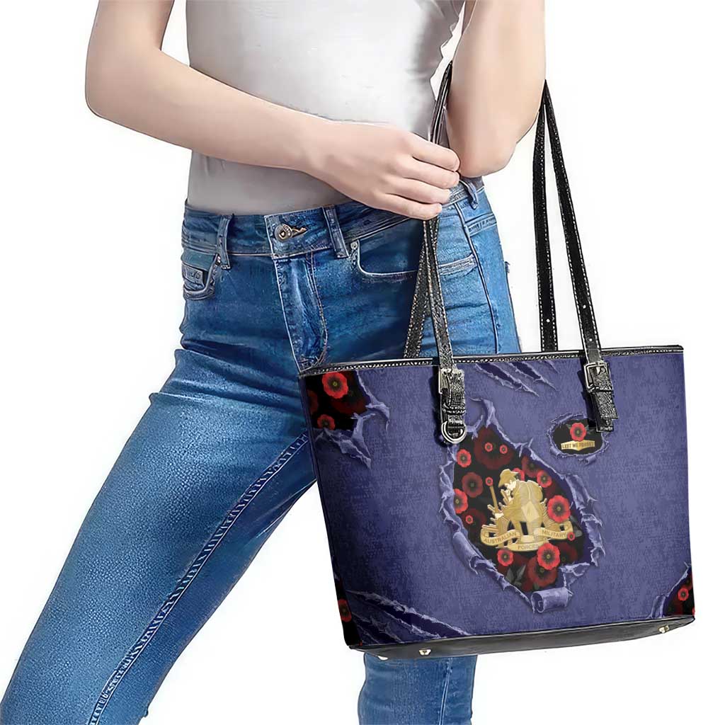ANZAC Day Leather Tote Bag Poppy Flowers Ripped Fabric Effect
