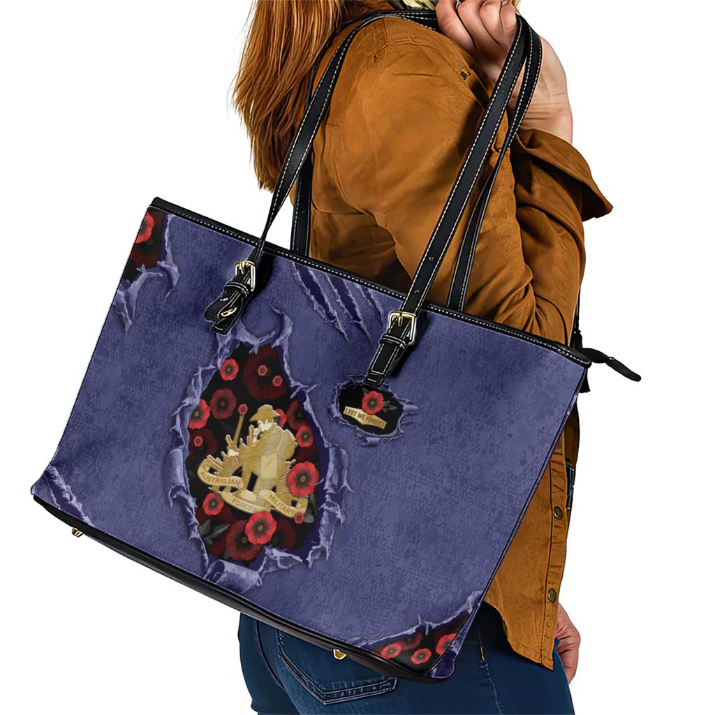 ANZAC Day Leather Tote Bag Poppy Flowers Ripped Fabric Effect
