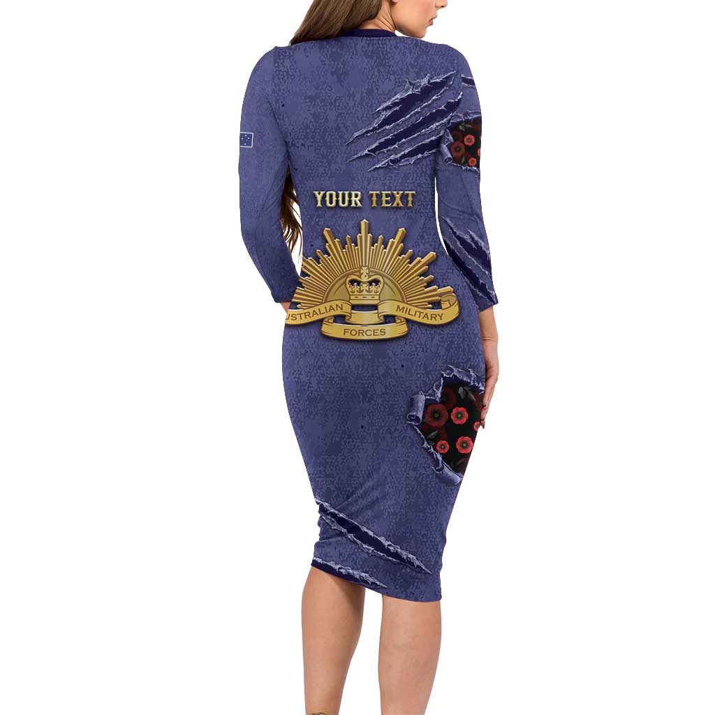 Personalised ANZAC Day Long Sleeve Bodycon Dress Poppy Flowers Ripped Fabric Effect
