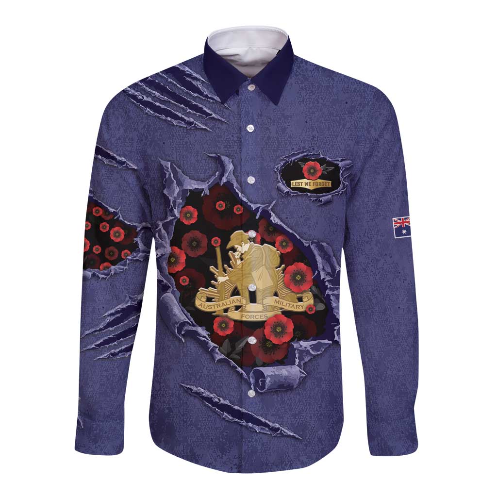 Personalised ANZAC Day Long Sleeve Button Shirt Poppy Flowers Ripped Fabric Effect