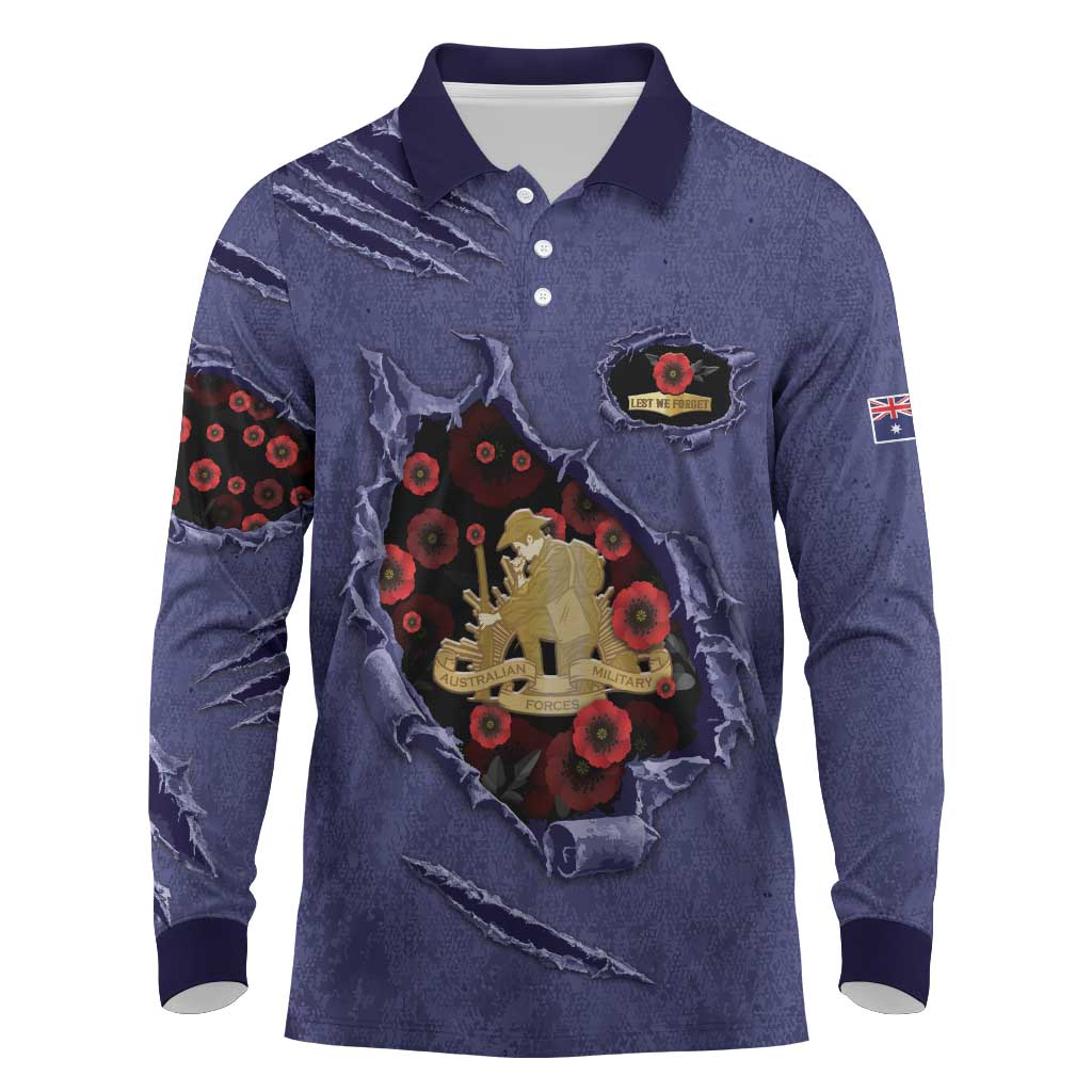 Personalised ANZAC Day Long Sleeve Polo Shirt Poppy Flowers Ripped Fabric Effect
