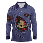 Personalised ANZAC Day Long Sleeve Polo Shirt Poppy Flowers Ripped Fabric Effect