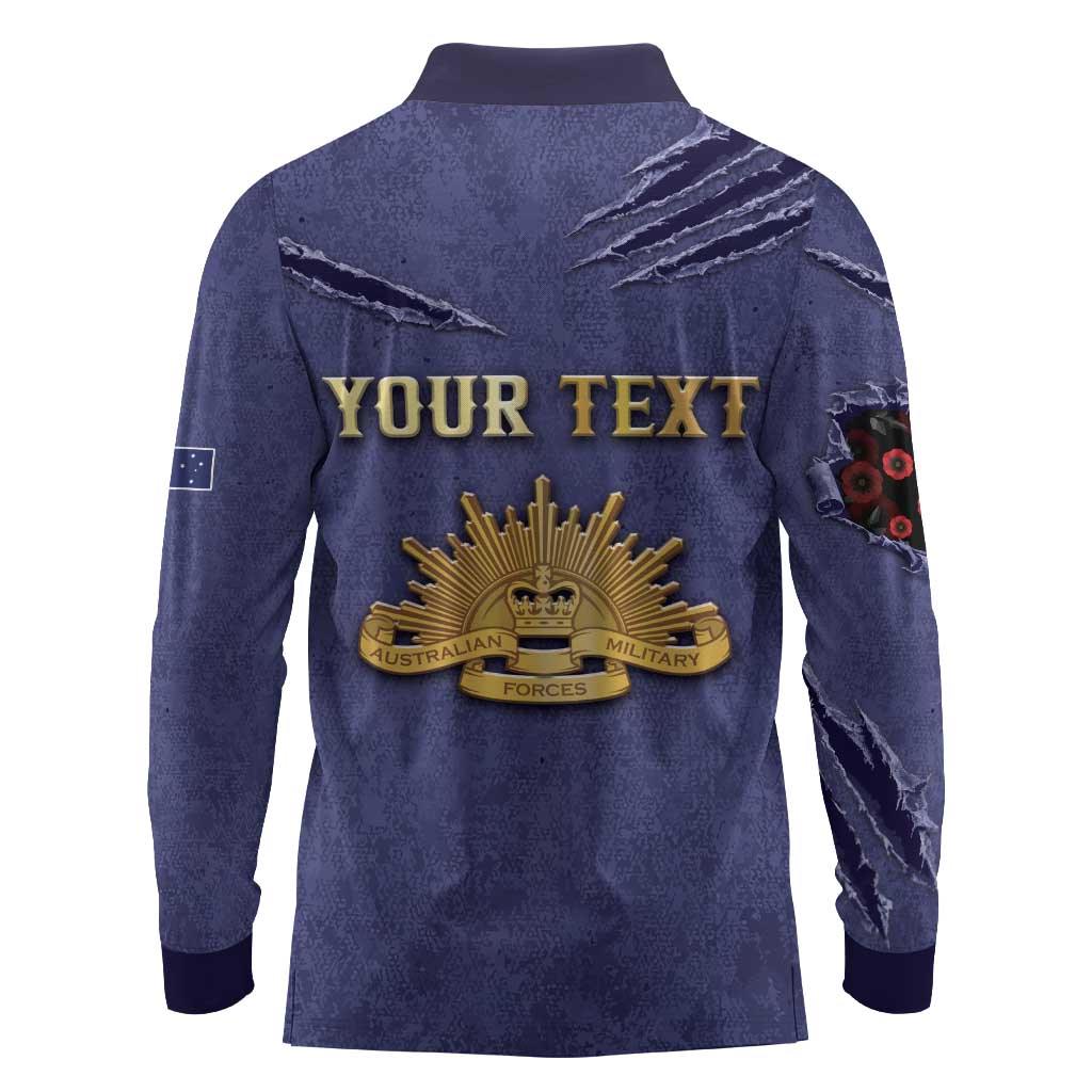 Personalised ANZAC Day Long Sleeve Polo Shirt Poppy Flowers Ripped Fabric Effect