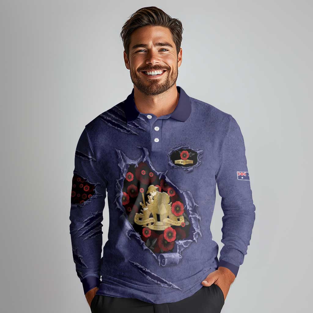 Personalised ANZAC Day Long Sleeve Polo Shirt Poppy Flowers Ripped Fabric Effect