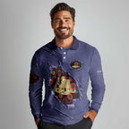 Personalised ANZAC Day Long Sleeve Polo Shirt Poppy Flowers Ripped Fabric Effect