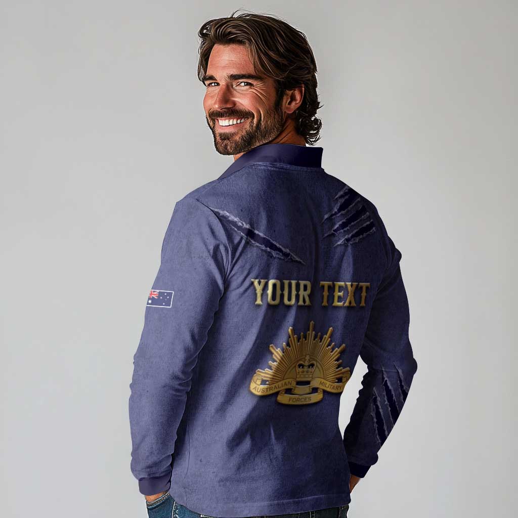Personalised ANZAC Day Long Sleeve Polo Shirt Poppy Flowers Ripped Fabric Effect