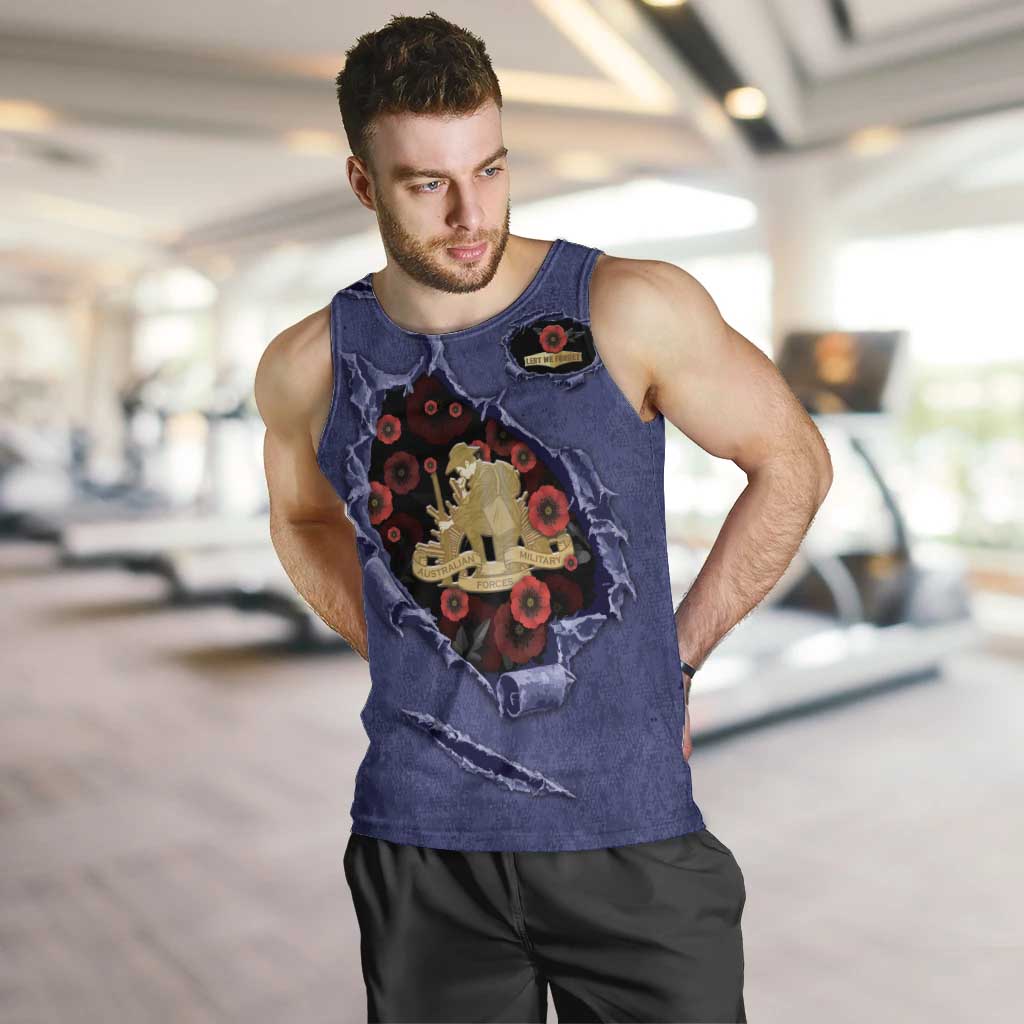 Personalised ANZAC Day Men Tank Top Poppy Flowers Ripped Fabric Effect