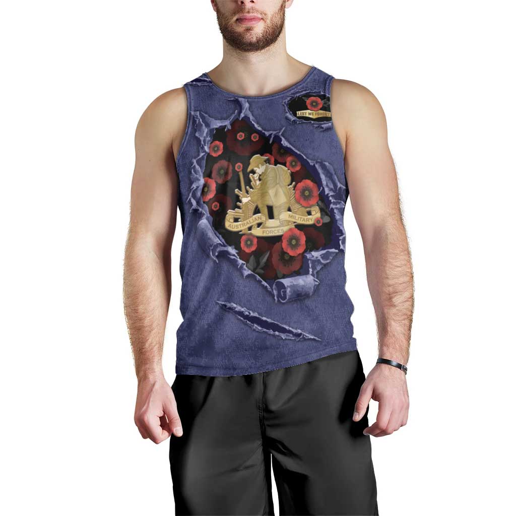 Personalised ANZAC Day Men Tank Top Poppy Flowers Ripped Fabric Effect