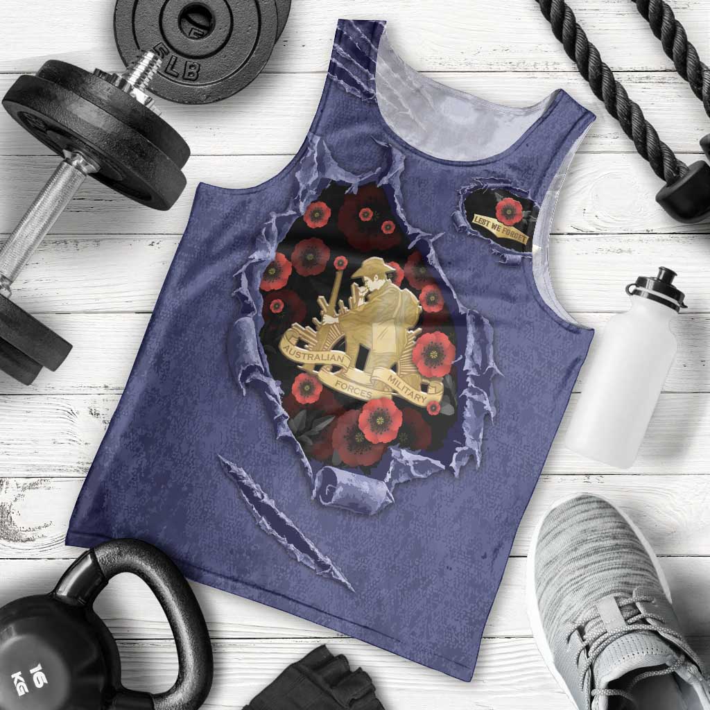 Personalised ANZAC Day Men Tank Top Poppy Flowers Ripped Fabric Effect