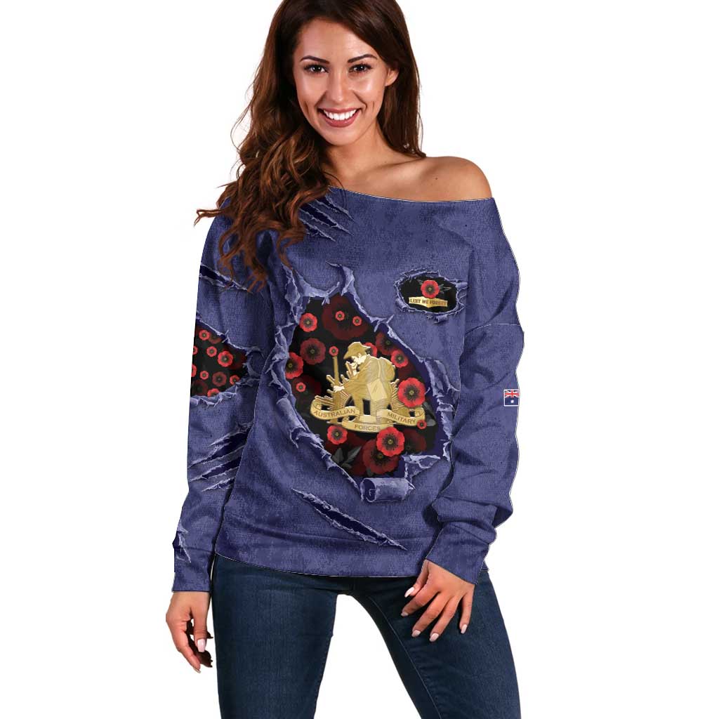 Personalised ANZAC Day Off Shoulder Sweater Poppy Flowers Ripped Fabric Effect