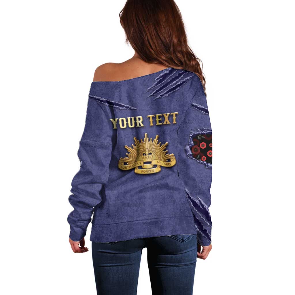 Personalised ANZAC Day Off Shoulder Sweater Poppy Flowers Ripped Fabric Effect