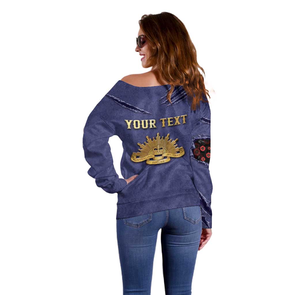 Personalised ANZAC Day Off Shoulder Sweater Poppy Flowers Ripped Fabric Effect