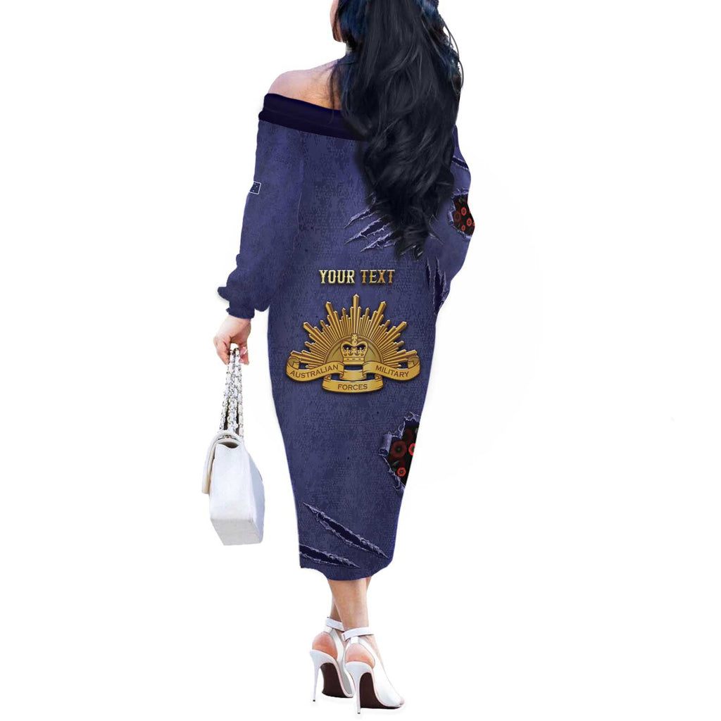 Personalised ANZAC Day Off The Shoulder Long Sleeve Dress Poppy Flowers Ripped Fabric Effect