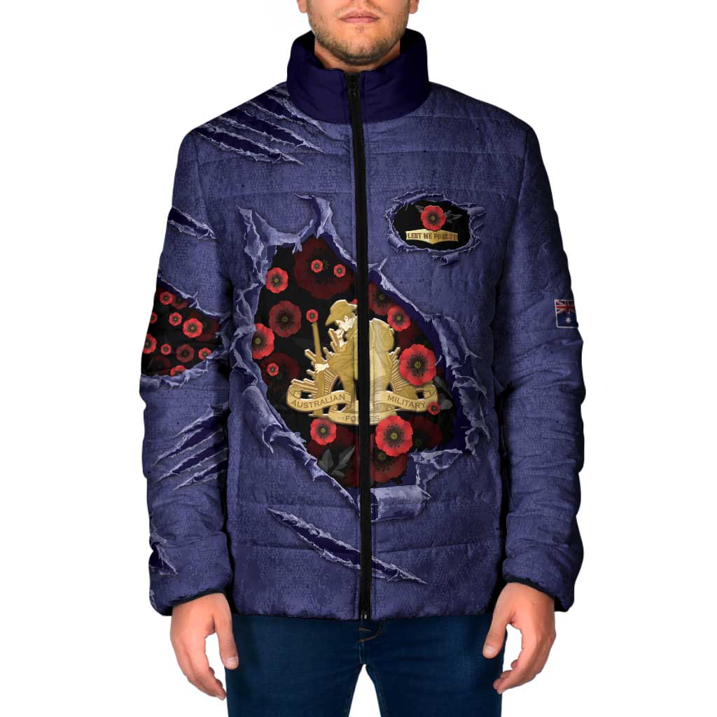 Personalised ANZAC Day Padded Jacket Poppy Flowers Ripped Fabric Effect