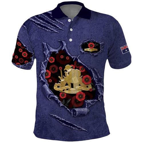 Personalised ANZAC Day Polo Shirt Poppy Flowers Ripped Fabric Effect