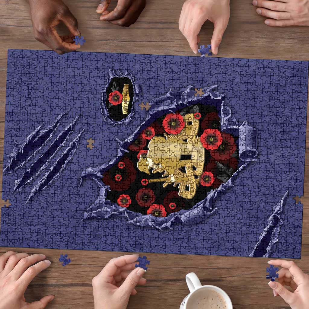 ANZAC Day Puzzle Poppy Flowers Ripped Fabric Effect