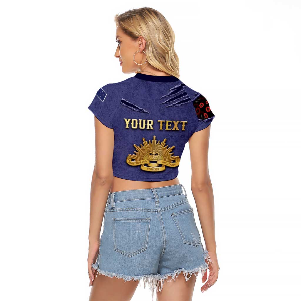 Personalised ANZAC Day Raglan Cropped T Shirt Poppy Flowers Ripped Fabric Effect