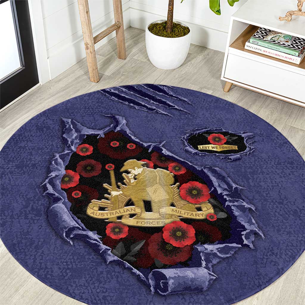 ANZAC Day Round Carpet Poppy Flowers Ripped Fabric Effect