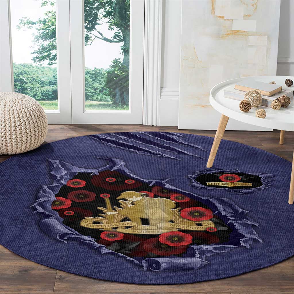 ANZAC Day Round Carpet Poppy Flowers Ripped Fabric Effect