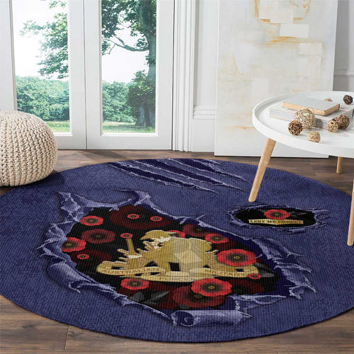 ANZAC Day Round Carpet Poppy Flowers Ripped Fabric Effect
