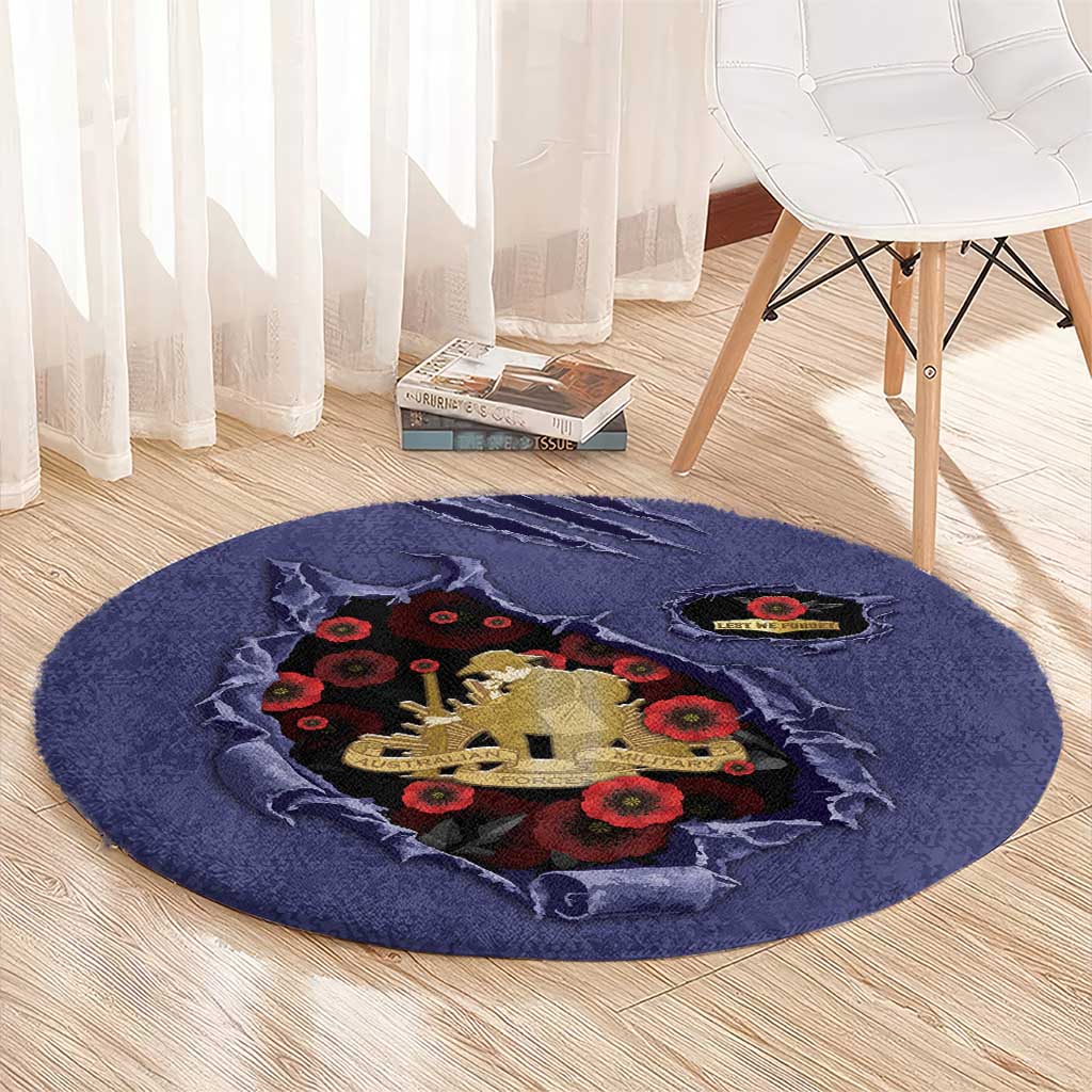 ANZAC Day Round Carpet Poppy Flowers Ripped Fabric Effect