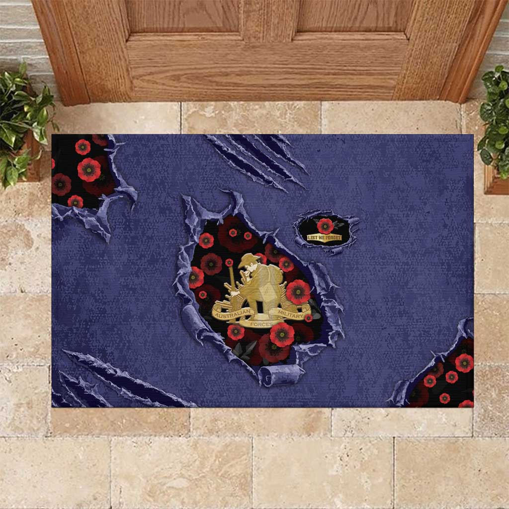 ANZAC Day Rubber Doormat Poppy Flowers Ripped Fabric Effect