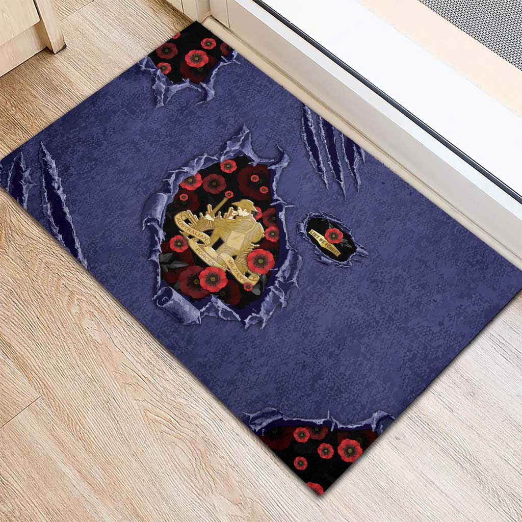 ANZAC Day Rubber Doormat Poppy Flowers Ripped Fabric Effect