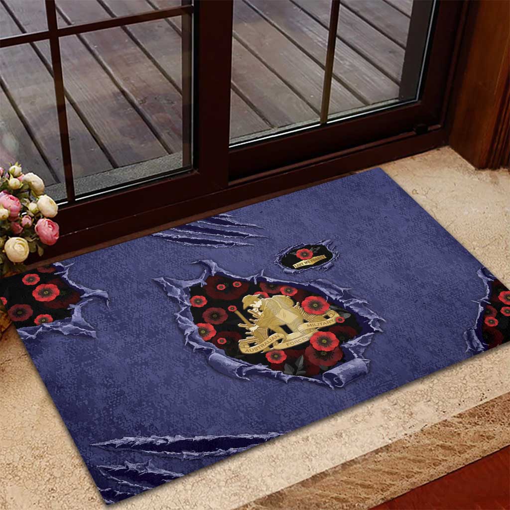 ANZAC Day Rubber Doormat Poppy Flowers Ripped Fabric Effect