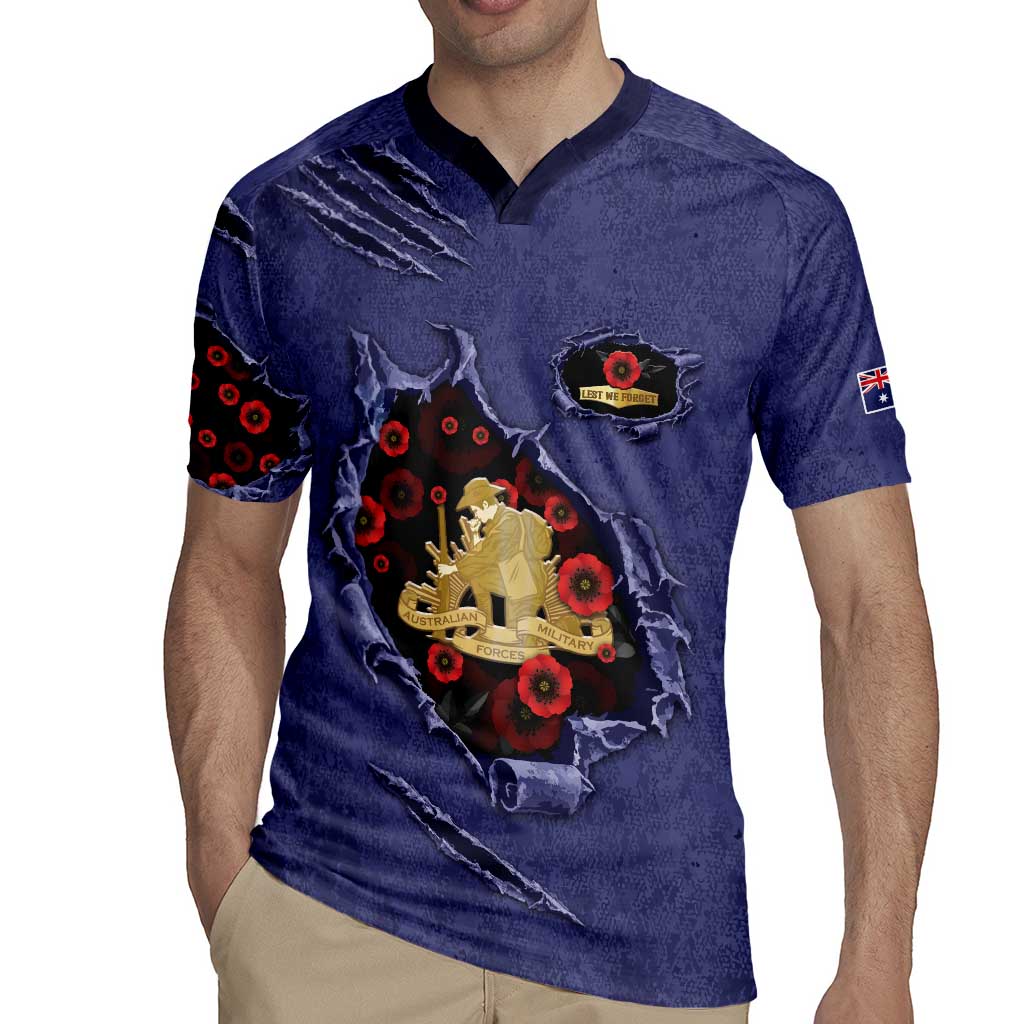 Personalised ANZAC Day Rugby Jersey Poppy Flowers Ripped Fabric Effect