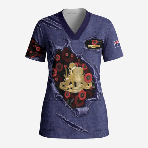 Personalised ANZAC Day Scrub Top Poppy Flowers Ripped Fabric Effect