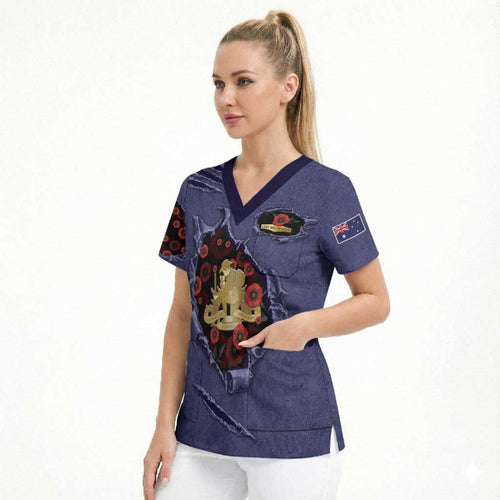 Personalised ANZAC Day Scrub Top Poppy Flowers Ripped Fabric Effect