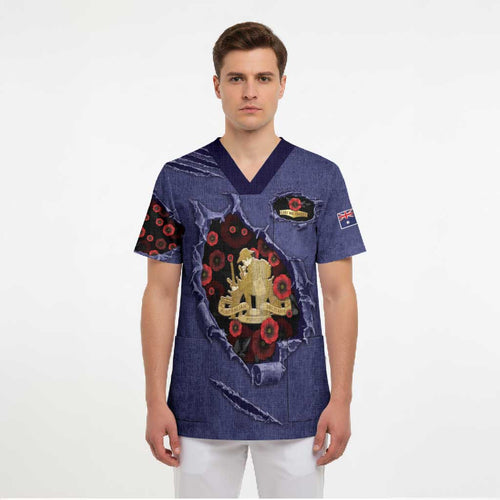 Personalised ANZAC Day Scrub Top Poppy Flowers Ripped Fabric Effect